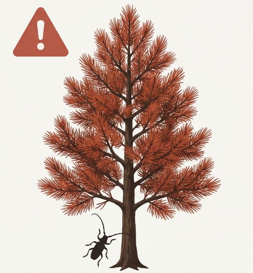 数週間で急激に赤褐色に枯れるマツ材線虫病の症状と、カミキリムシによる伝染を防ぐための注意喚起