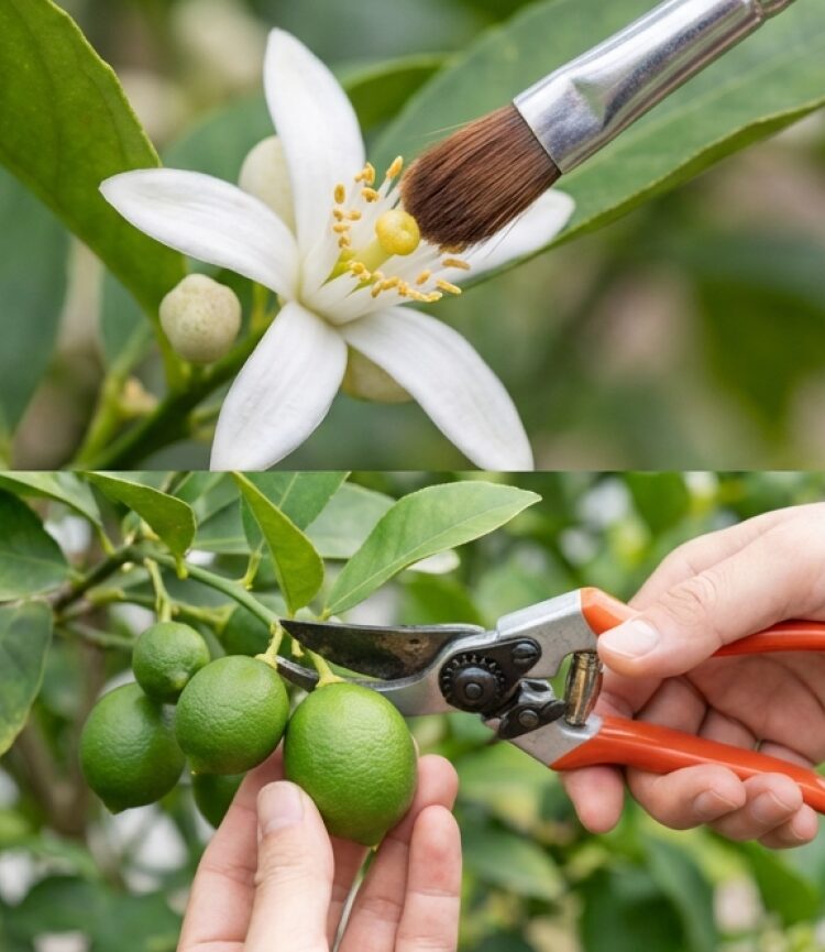 筆を使った人工受粉の様子と、ハサミで実を間引く摘果作業の比較スライド。