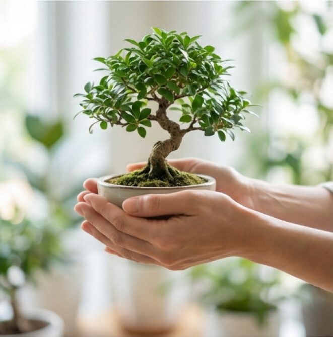 盆栽を両手で大切に持つ写真。