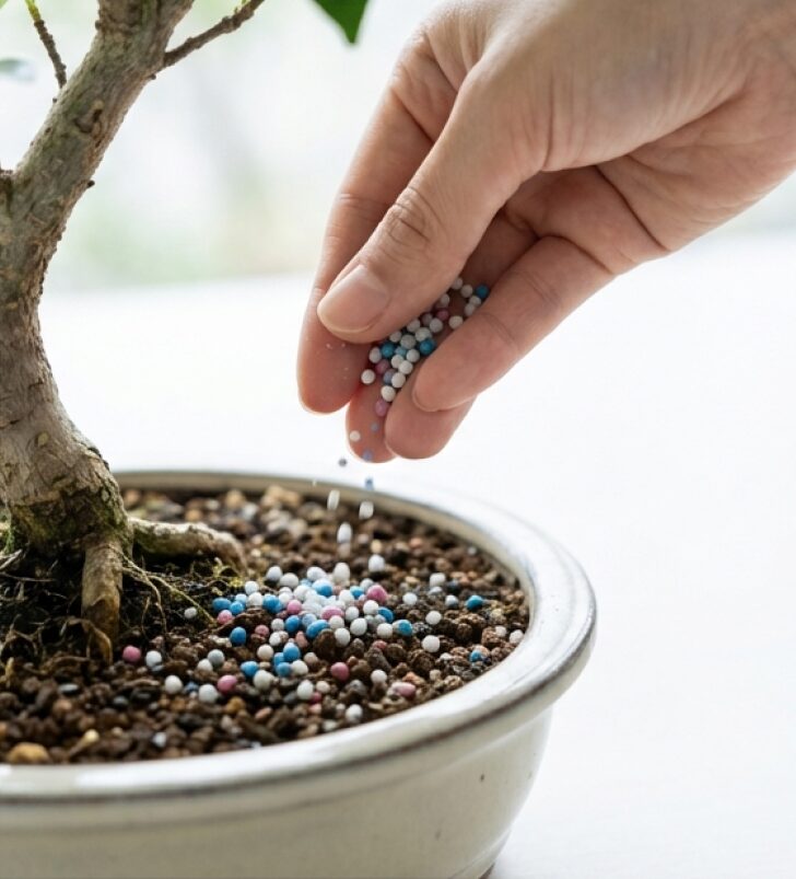 盆栽の土の上に粒状の薬剤（浸透移行性薬剤）をまいている様子。
