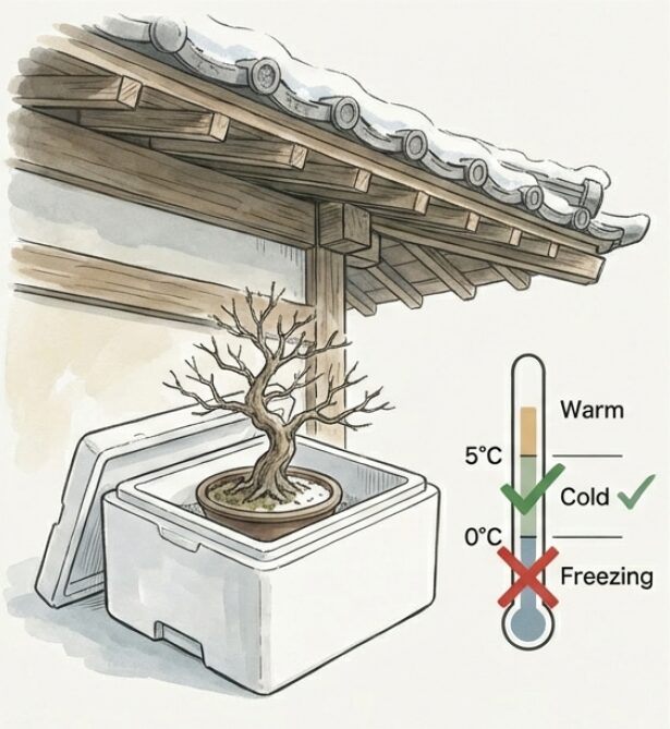 発泡スチロール箱に入れて凍結を防ぐ冬越しの様子。0〜5度の寒さには当てるが、根を凍らせない管理。