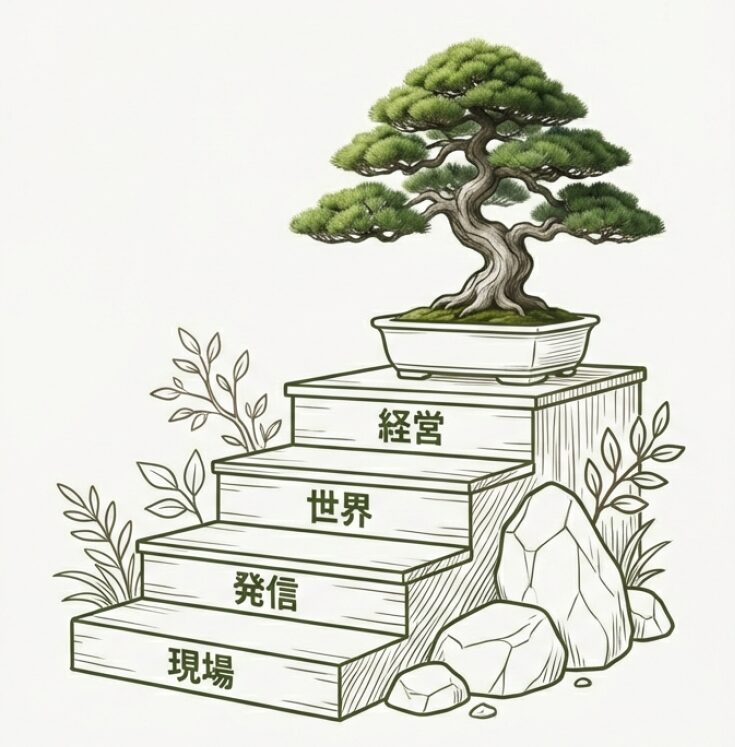 階段状の図解。1.現場、2.発信、3.世界、4.経営の順で、技術への敬意と経営視点を両立させた「新しい職人」を目指すロードマップ