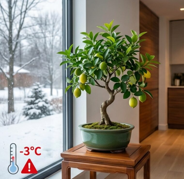 窓辺に置かれたレモン盆栽と、マイナス3℃の警告アイコン。