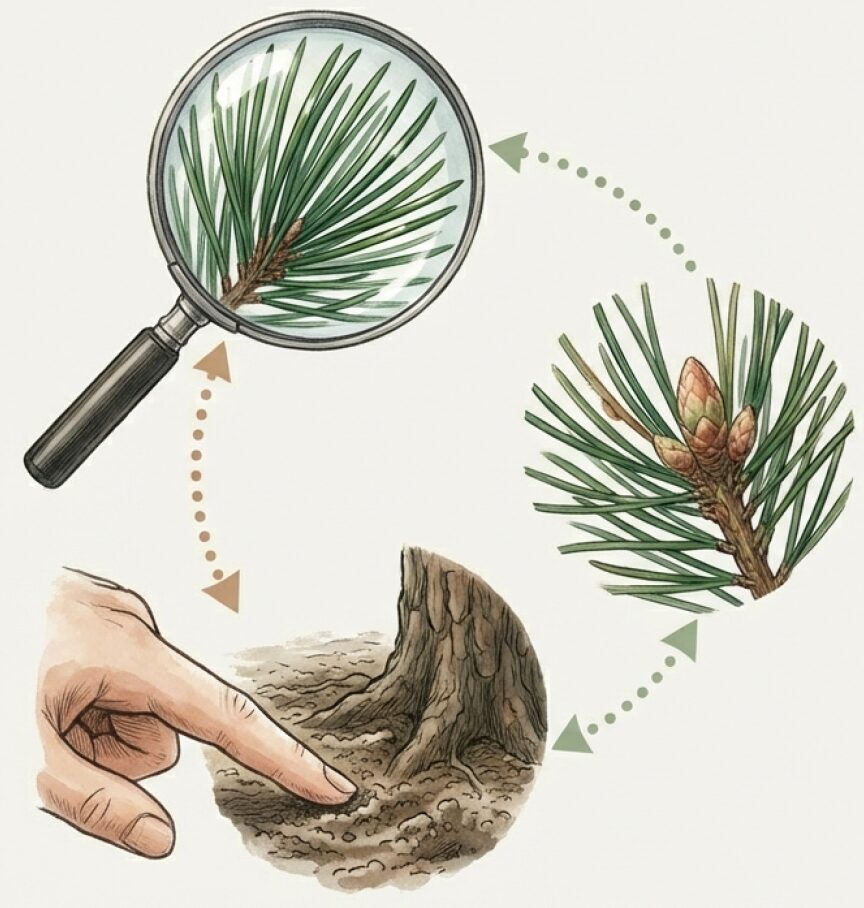 葉の色ツヤ、芽の動き、土の乾き、害虫の有無をチェックする「1分間診断」の習慣化を推奨