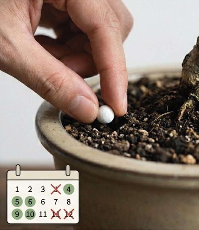 成長期に窒素控えめの肥料を少量与え、冬や植え替え直後は控えるといった、盆栽としての健康維持のための肥料管理イメージ。