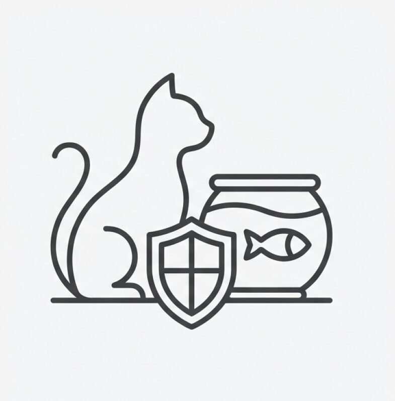 猫と金魚鉢のイラストに盾のマーク。