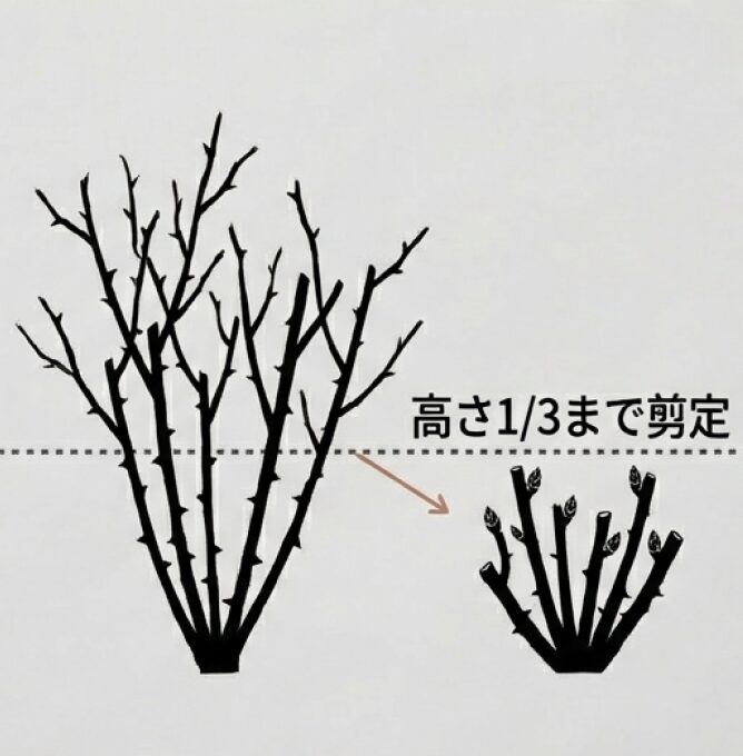休眠期の1〜2月に行う、全体の高さを1/3まで大胆にカットする強剪定のビフォーアフター。