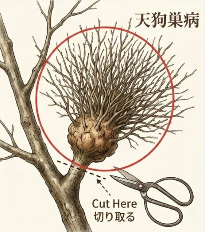 桜のてんぐ巣病の症状（ホウキ状の枝）と切除ポイント。早期発見と根元からの切除を推奨している。