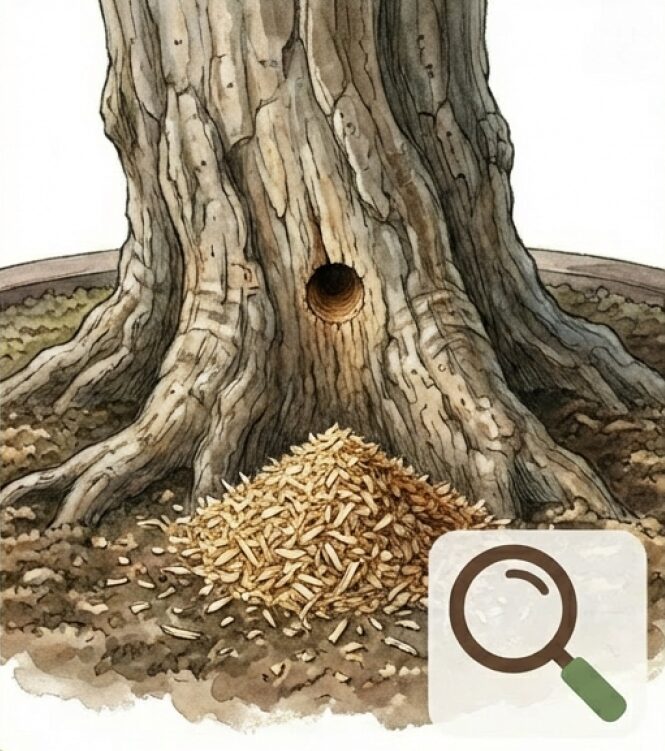 クビアカツヤカミキリの被害サインである「木屑（フラス）」が根元に溜まっている様子。