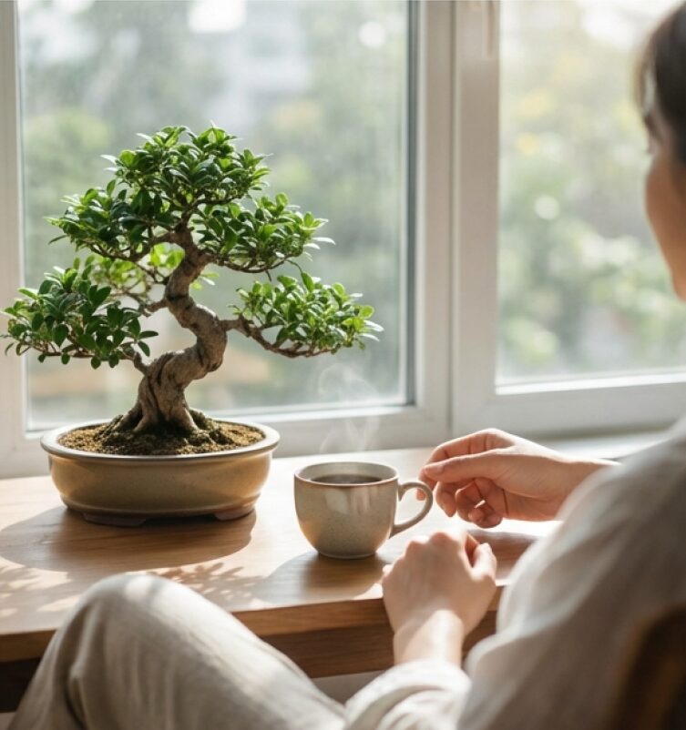 窓際で盆栽を楽しむ人の画像