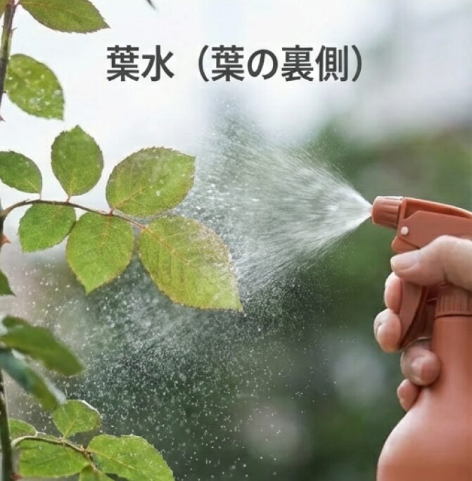 霧吹きで葉の裏側に水をかけ、天敵のハダニを予防する葉水の解説画像。