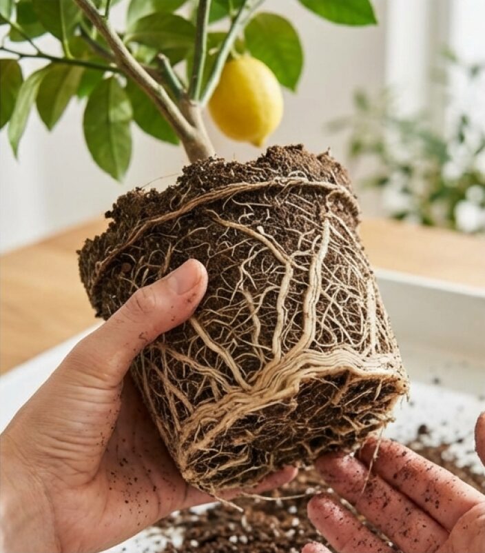 鉢から抜いたばかりの健康な根が回った状態のイメージ画像。