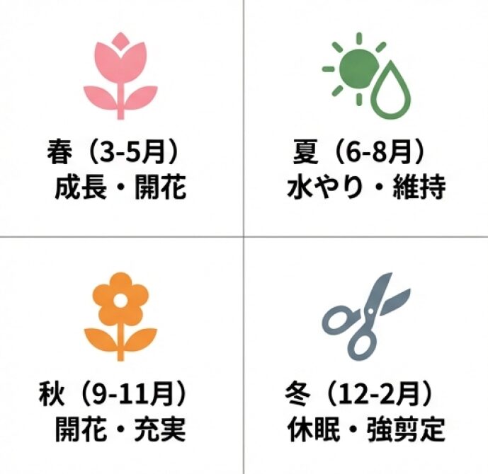 春夏秋冬ごとの「やること」早見表。開花、水やり、剪定、植え替えの時期をまとめた表。