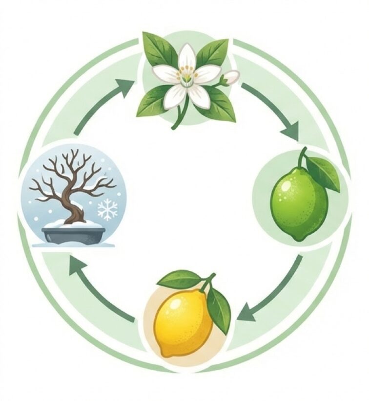 春夏秋冬それぞれの季節で行うべき作業(植え替え、剪定、摘果、収穫、防寒)をまとめたサイクル図。