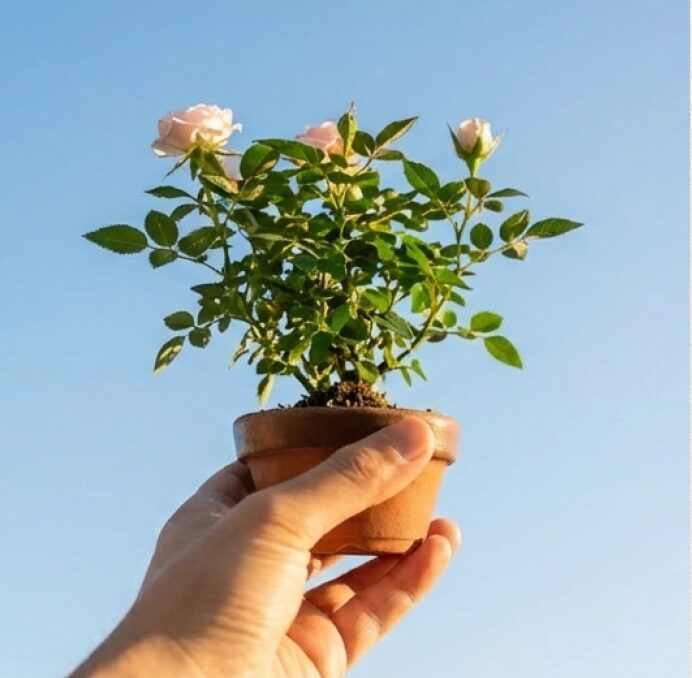 青空の下で、手のひらに乗せた満開のミニバラ盆栽。