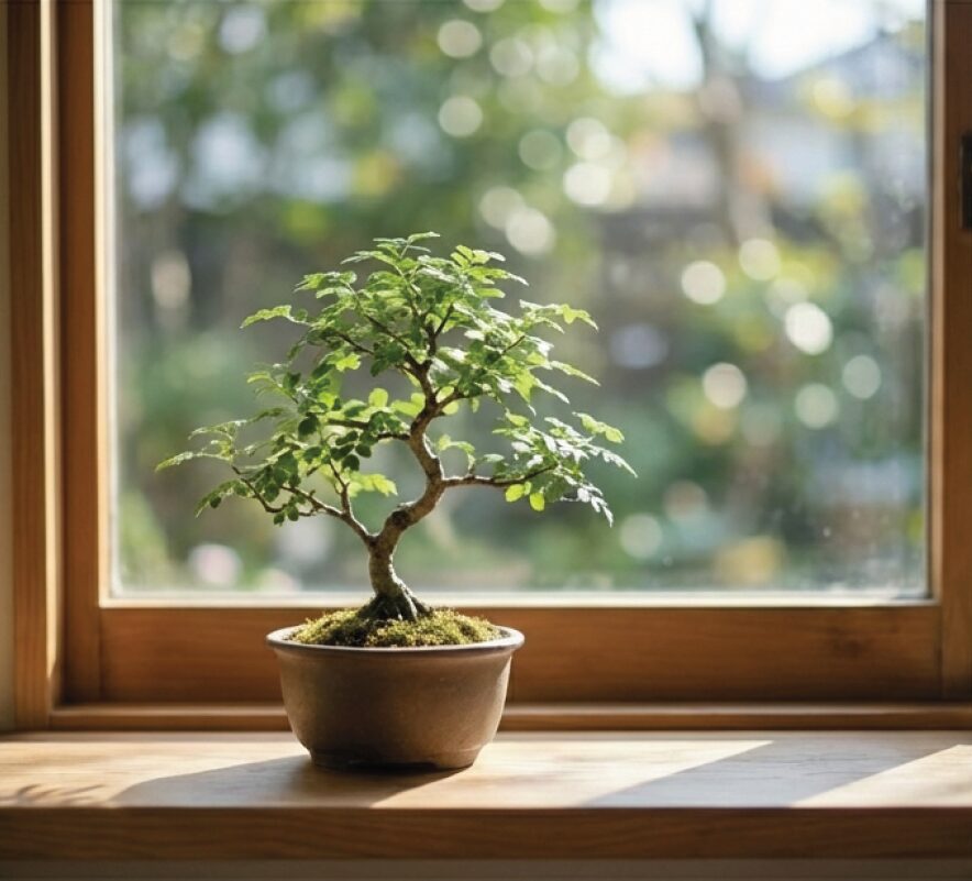 柔らかな光が差し込む窓辺に置かれた、美しく育った実生盆栽の様子。
