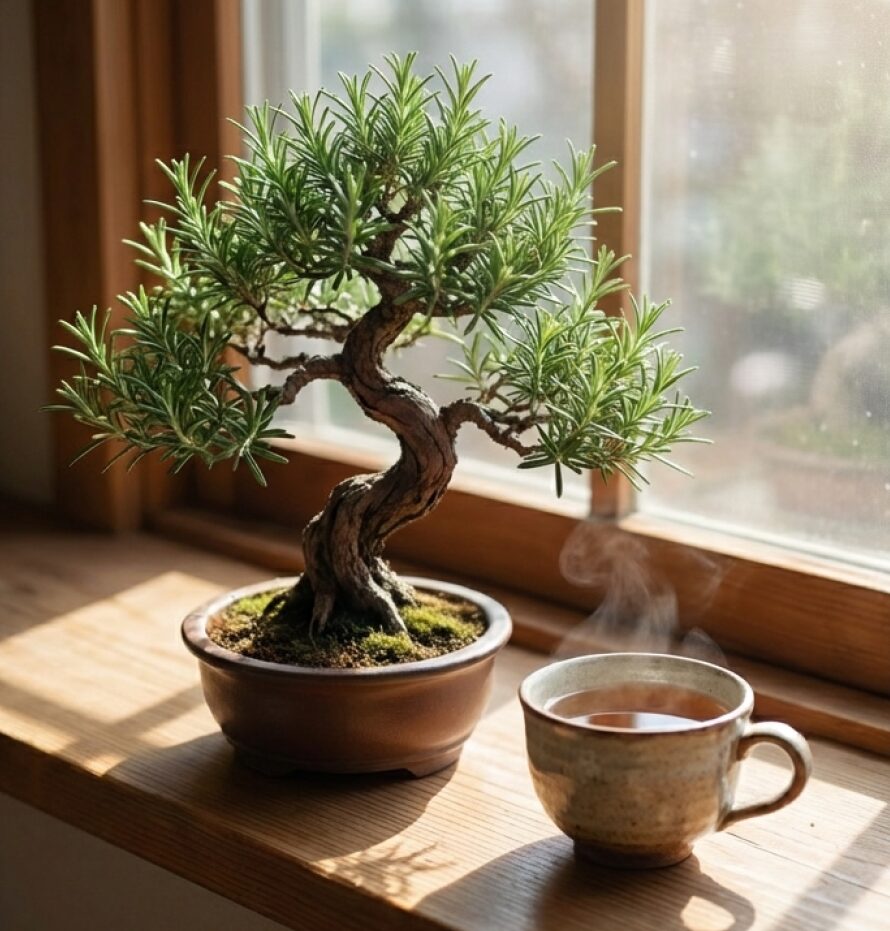 窓辺でティーカップの横に置かれた美しいローズマリー盆栽。香りのある暮らしのイメージ