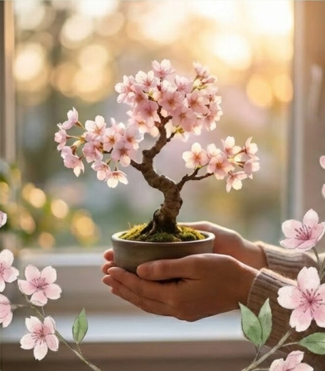 美しい満開を迎えたソメイヨシノの盆栽鉢のイメージ図。