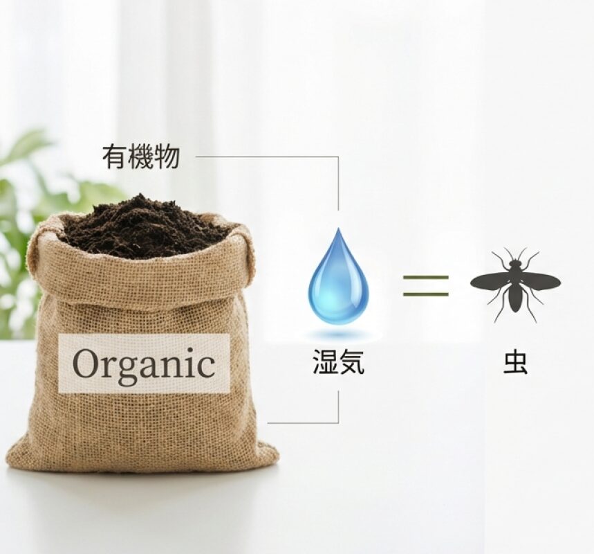 有機物（土）と湿気が合わさると虫が発生すること、特にキノコバエは腐葉土や有機肥料の匂いを好むことを説明するイラスト