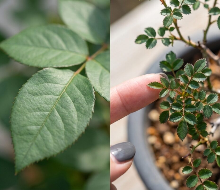 指先で小さなバラの葉を愛でる様子。