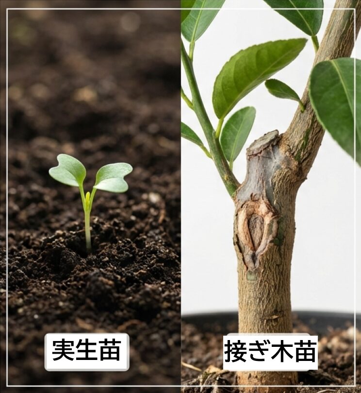 種から育てる実生苗(成長が遅く弱い)と、接ぎ木苗(成長が速く強い)のイメージ画像。