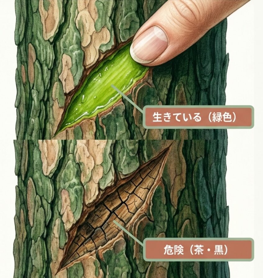 幹を削った際の形成層が緑色なら生存、茶色や黒なら機能喪失という見分け方をイラストで解説
