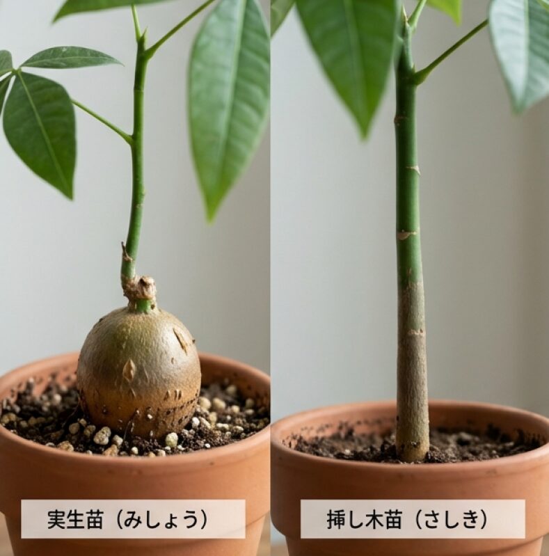 幹を太くしたいなら根元が膨らむ「実生苗」を選ぶべき理由と、挿し木苗との形の違いを示すイメージ画像。

