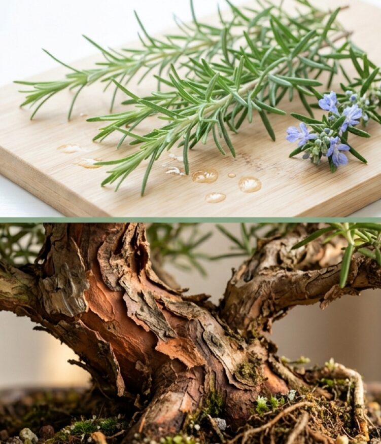 料理用のローズマリーから盆栽への変化と、茎が茶色く硬くなる木質化の解説画像