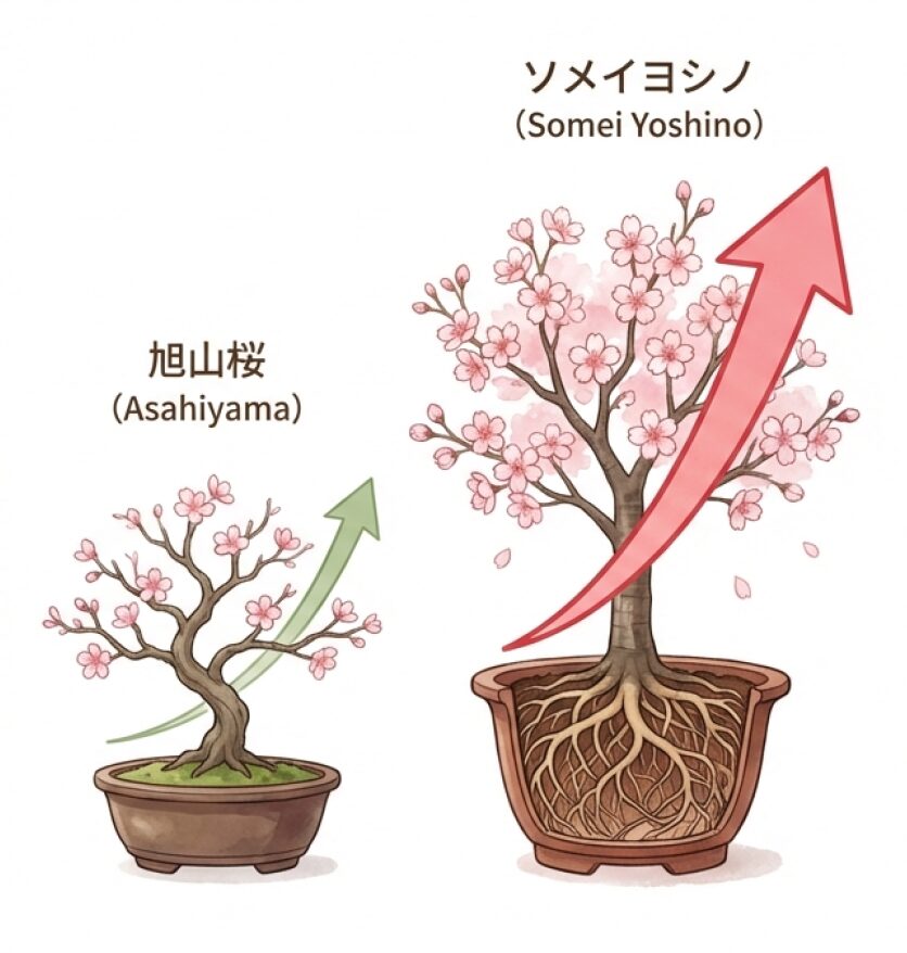 旭山桜とソメイヨシノの成長スピードの比較図。ソメイヨシノは大きくなろうとする力が強く、根が張りやすい性質を説明している。