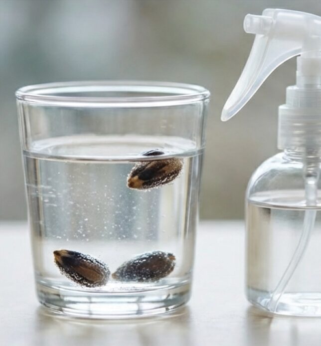 種を水に浸す様子の画像。