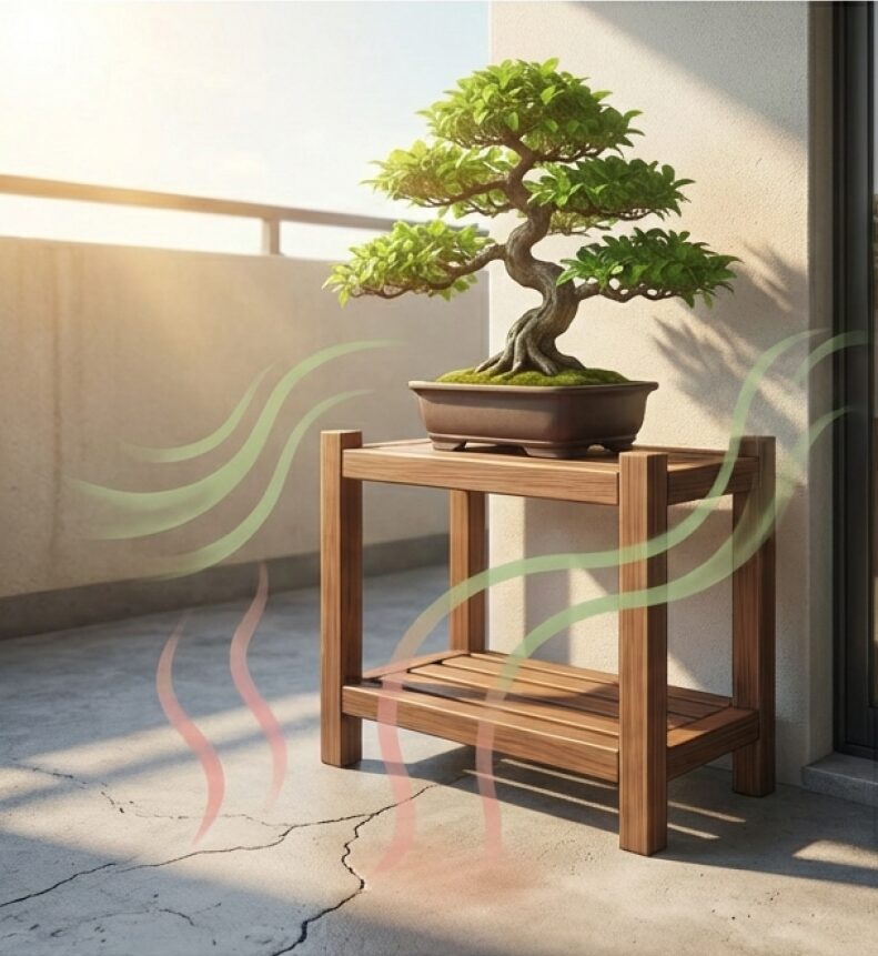 風通しの良い棚の上に置かれた盆栽のイラスト。コンクリートの直置きを避け、照り返しの熱から守る重要性を示している。