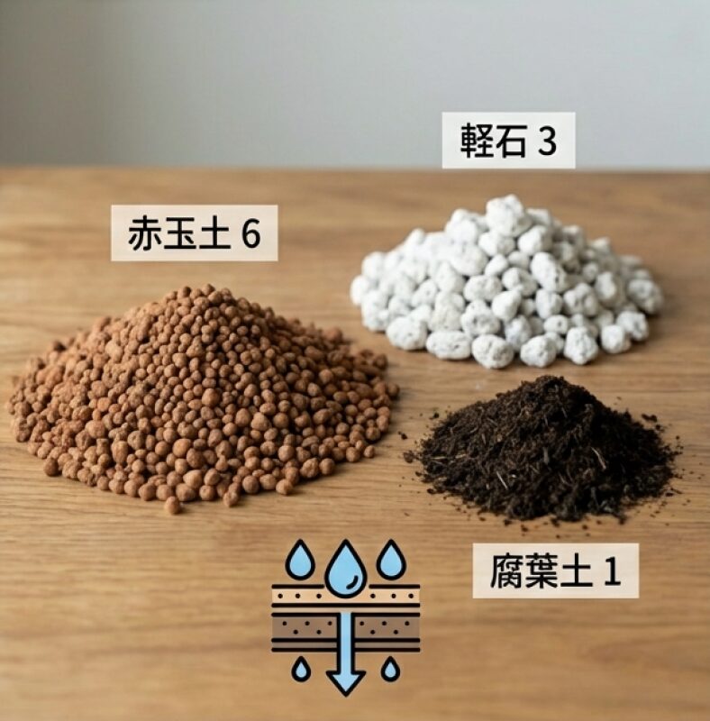 赤玉土6：軽石3：腐葉土1という、パキラの根腐れを防ぐための水はけを重視した用土配合レシピのイメージ画像。
