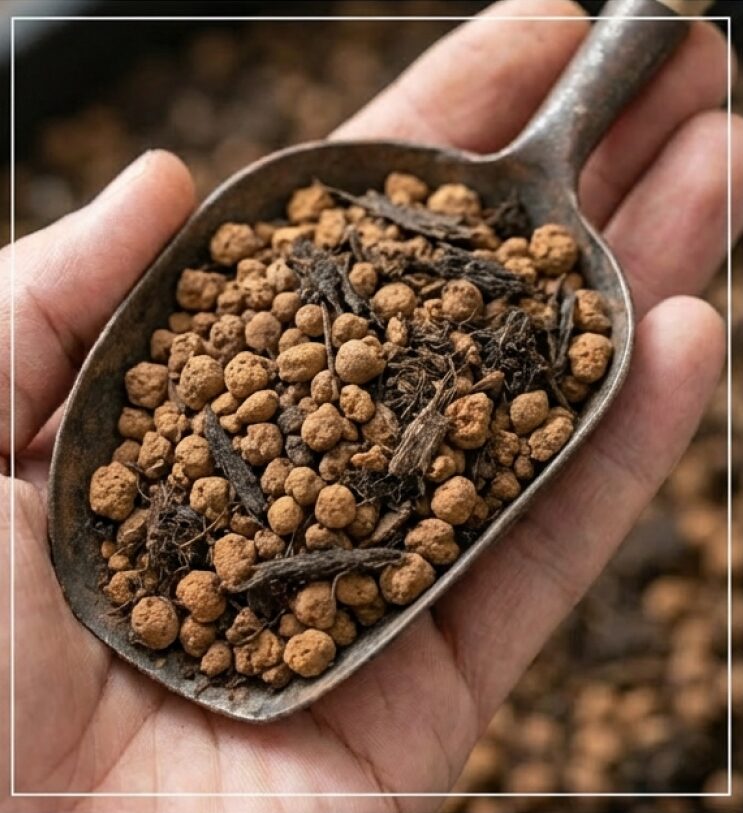 スコップに乗った水はけの良い土の写真。