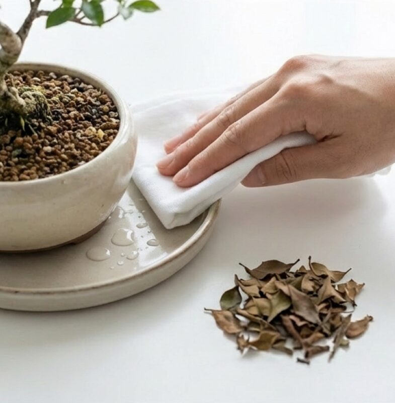 盆栽の受け皿の水を拭き取り、落ちた枯れ葉を掃除している様子。清潔維持が防虫に重要であることを説明する画像