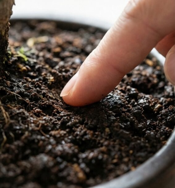 土の色や指で触れた感覚で乾燥を確認するイメージ図。