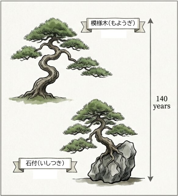 樹齢140年を超える名木の紹介。幹が曲線を描く「模様木（Moyogi）」と石に根を這わせた「石付（Ishitsuki）」の2種類の樹形をイラストで解説。