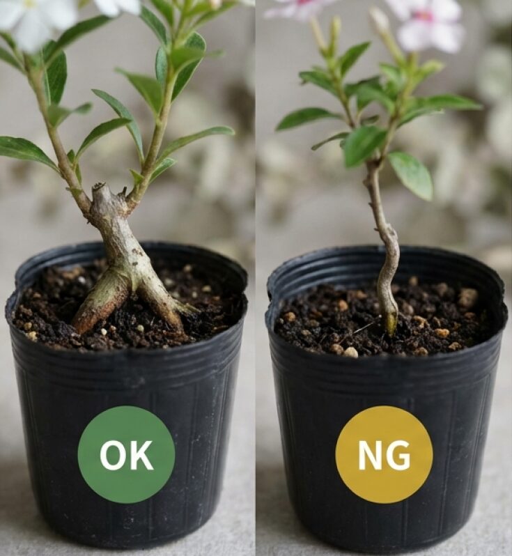 株元が太くどっしりした良い苗(OK)と、ひょろひょろとして不安定な苗(NG)の比較画像。