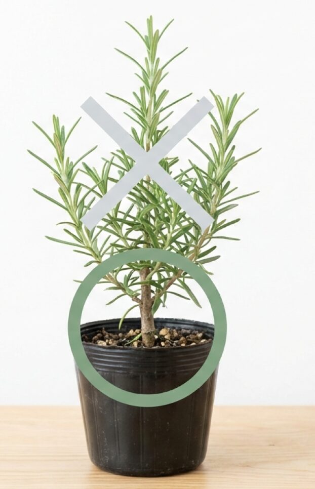 盆栽に適したローズマリー苗の選び方。根元が太く低い位置から枝が出ているものが良い例