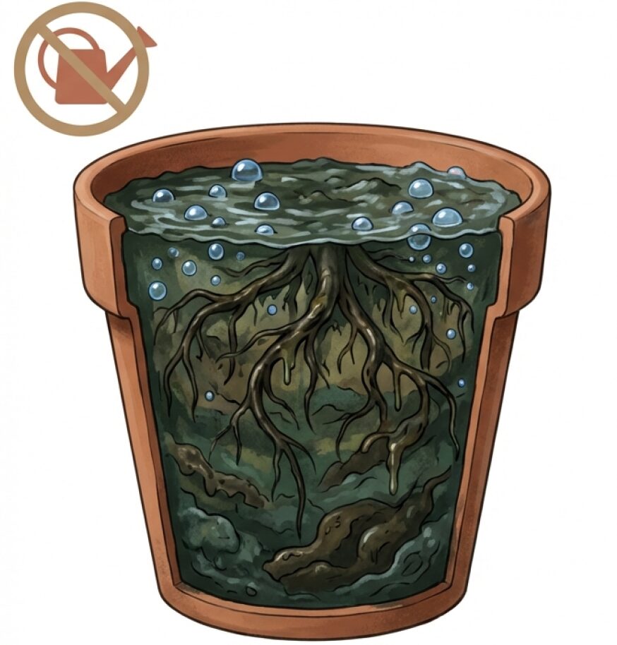 水のやりすぎで鉢内が酸素欠乏（窒息状態）になり、根が呼吸できず水を吸えなくなる仕組みの図解