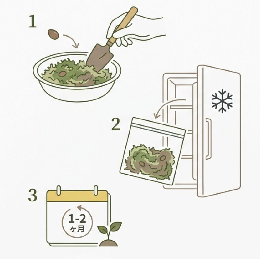 種を湿らせて冷蔵庫の野菜室で1〜2ヶ月保管し、冬を疑似体験させる手順のイラスト。