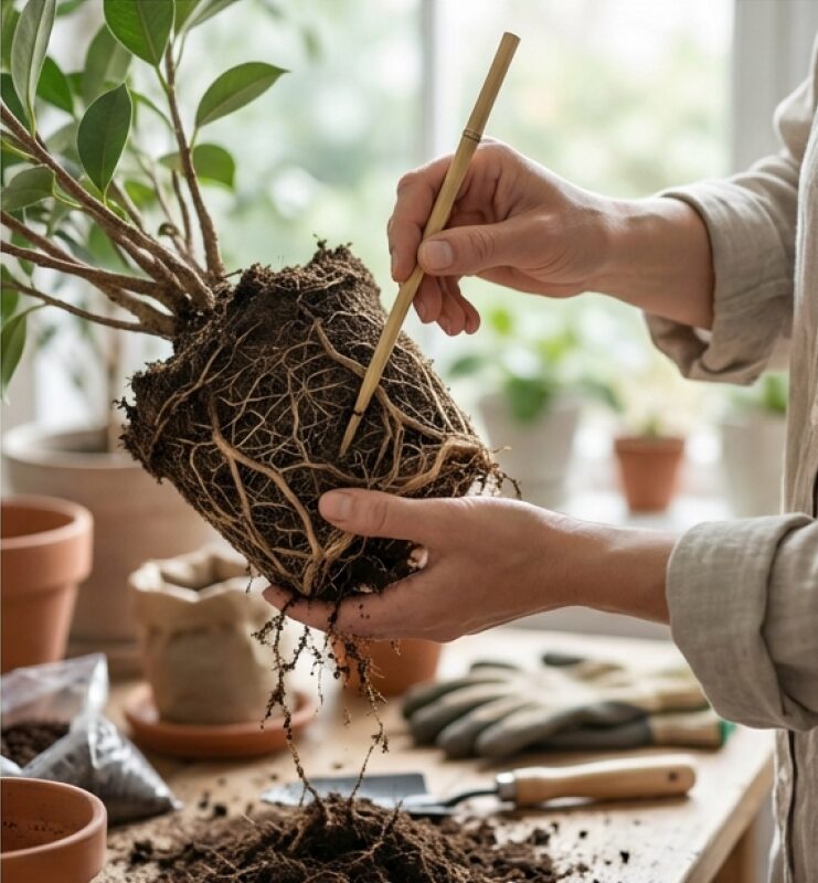 盆栽の植え替え作業の様子。古い根を整理し、新しい用土でリセットする手順を解説している。