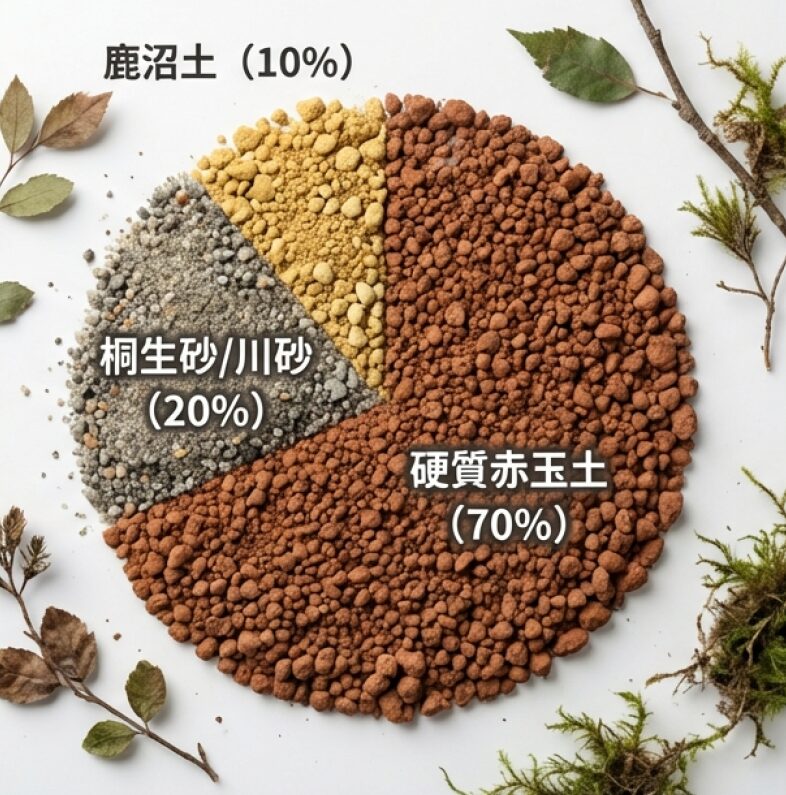 硬質赤玉土70%、桐生砂20%、鹿沼土10%の配合グラフ。