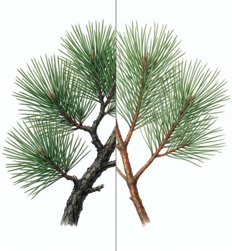 力強い黒松と、しなやかな赤松の葉や枝ぶりの違いを比較したイメージ図。