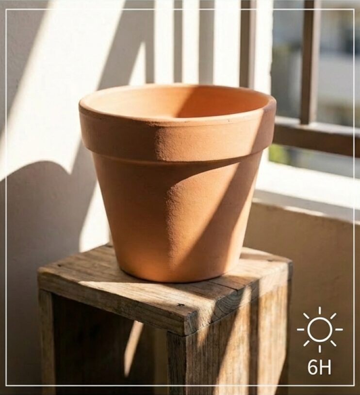 日当たりの良い場所に置かれた素焼き鉢の画像。