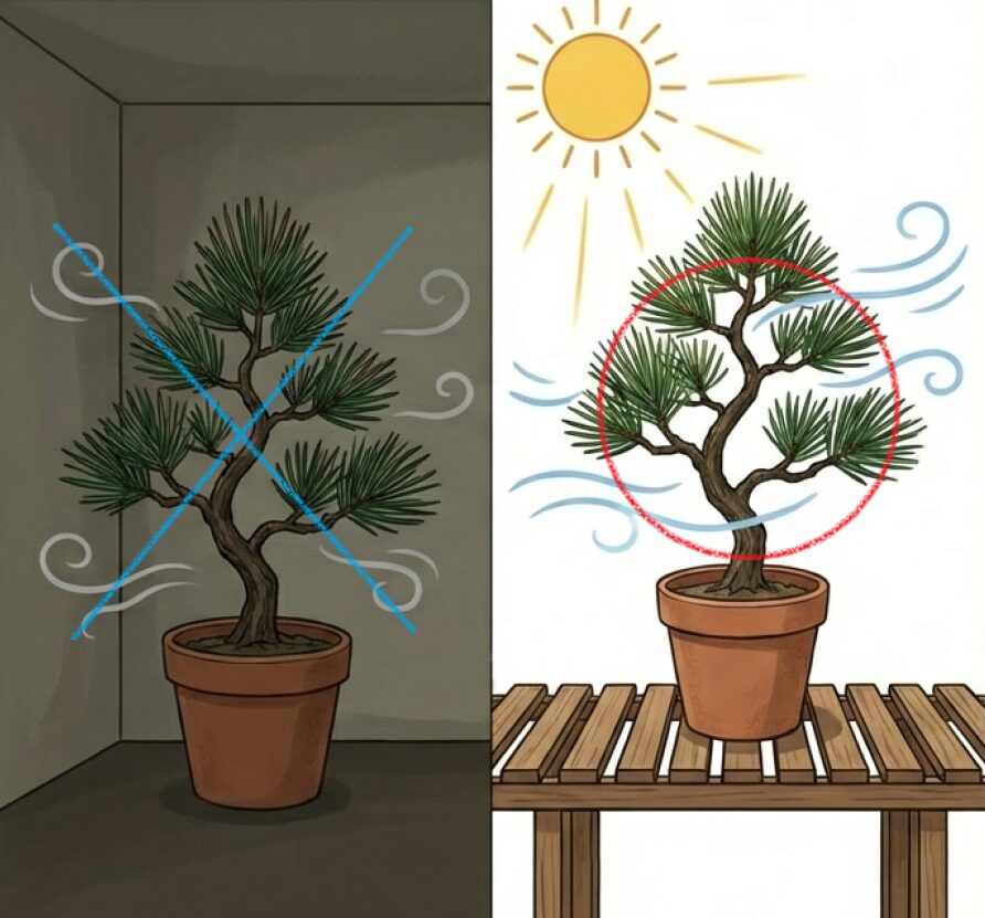 松の健康に不可欠な直射日光と、病害虫を防ぐための棚置きによる風通し改善の重要性を解説