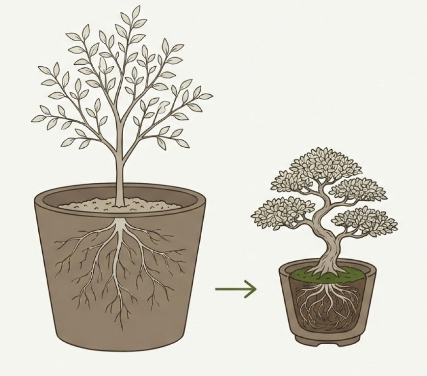 小さな鉢で根を制限することで成長を抑え、短期間で老成した姿を作る仕組みとスケジュールの解説図。