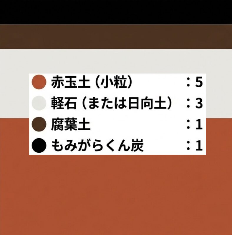 赤玉土5、軽石3、腐葉土1、くん炭1の割合で配合するローズマリー盆栽用土のレシピ