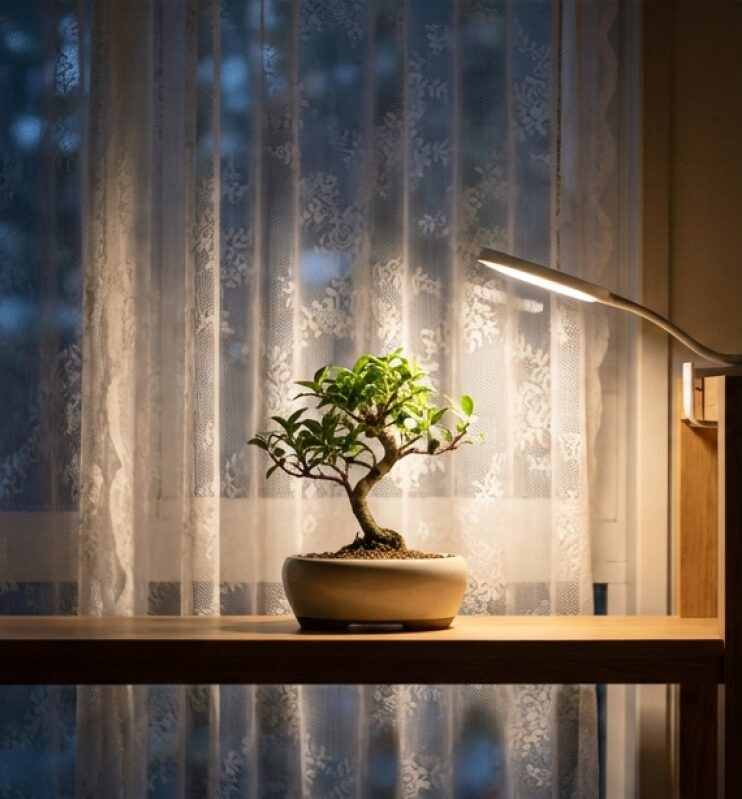 夜にLEDライトで照らされたミニ盆栽。