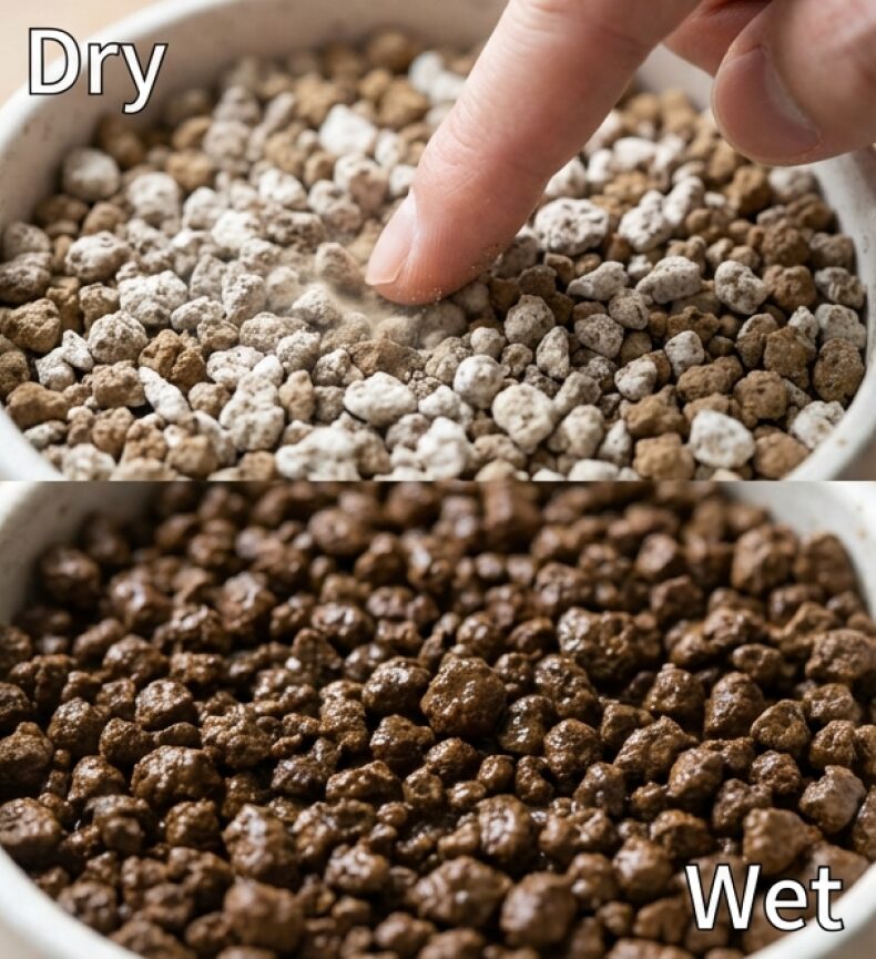 乾いた土と湿った土を指で触って確認する比較画像。