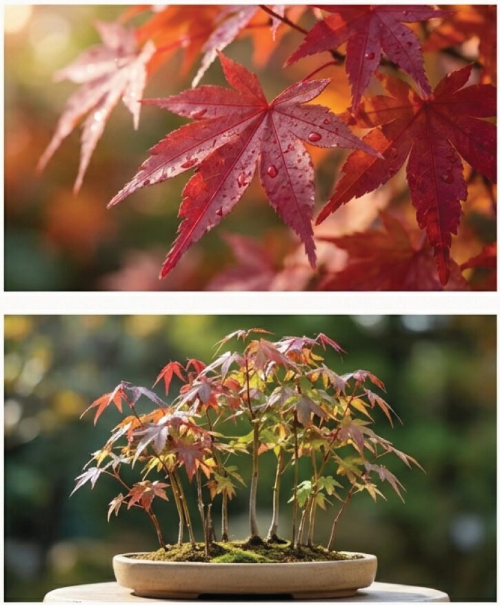 1年目のもみじの苗を複数本まとめて植え、小さな森のような景色を作った寄せ植え盆栽の写真。